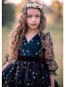Long Sleeves Black And Gold Stars Tulle Flower Girl Dress